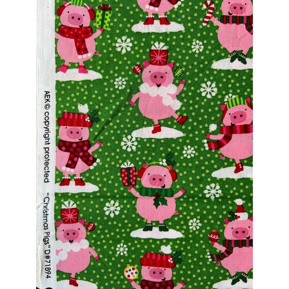 Fabric -OOP Christmas Pigs Dancing Singing on Green Snowflakes Flannel 52" x 43"